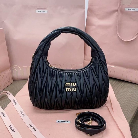 Miu Miu Handbags - Miu Miu Black Matelassé Leather Hobo Bag with Crossbody Strap